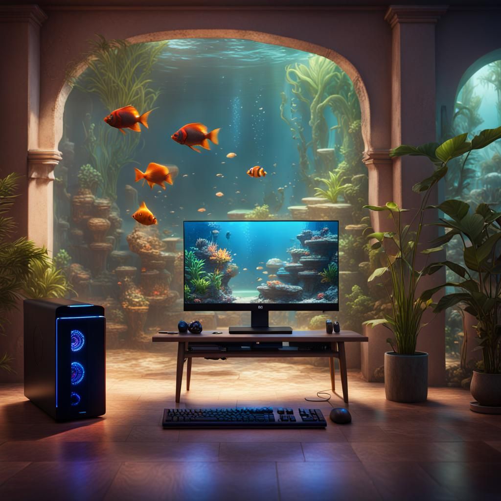 A gaming PC in front of a tropical fish tank