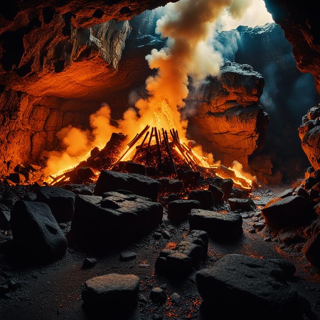 A mass fire burning in a cave