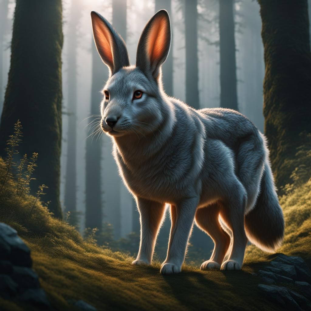 rabbit wolf hybrid, fantasy, cinematic, atmospheric, masterp...