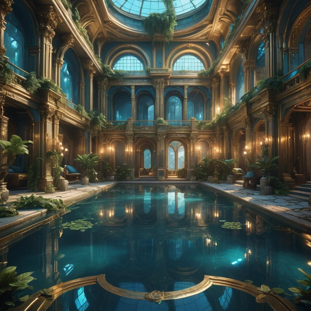 Futuristic Palace Pool: Tranquil Neon Reflection