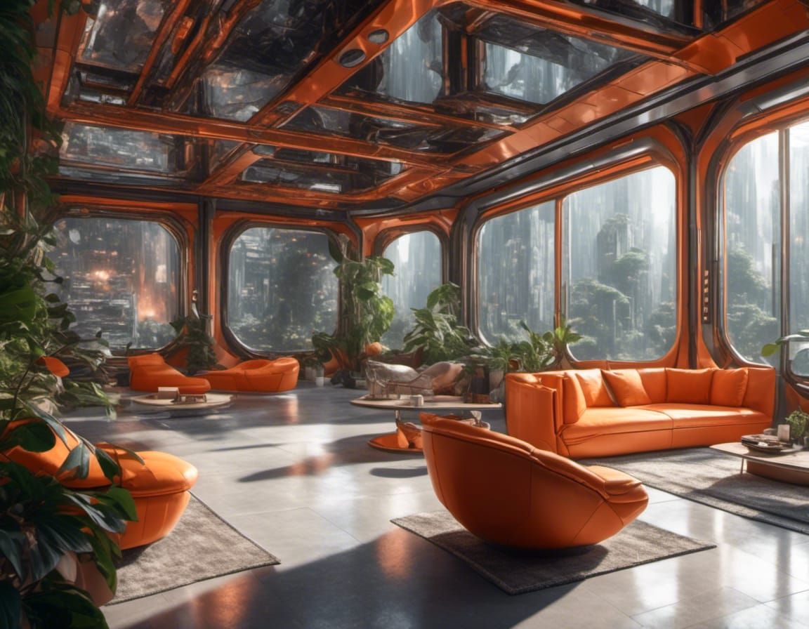large complex <lora:Sci-Fi Rooms:1.0> epic vibes, high-end, large windows, orange tech