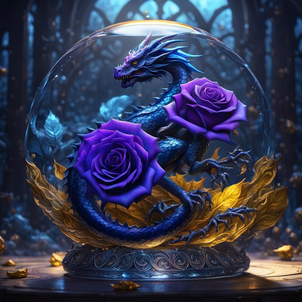 glass dragon in blue with a dark blue rose in glass - AI Generated ...