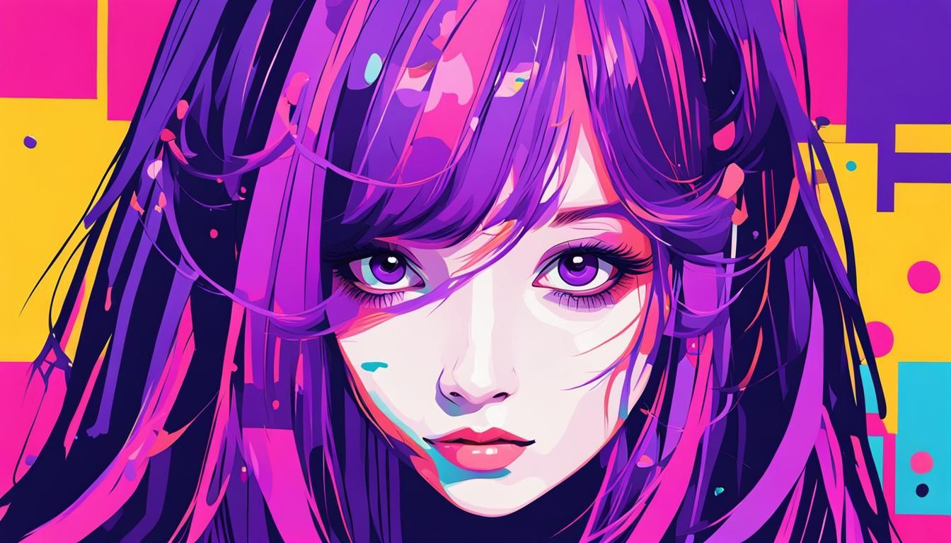 cute, black eyes, long purple hair, girl, illustration