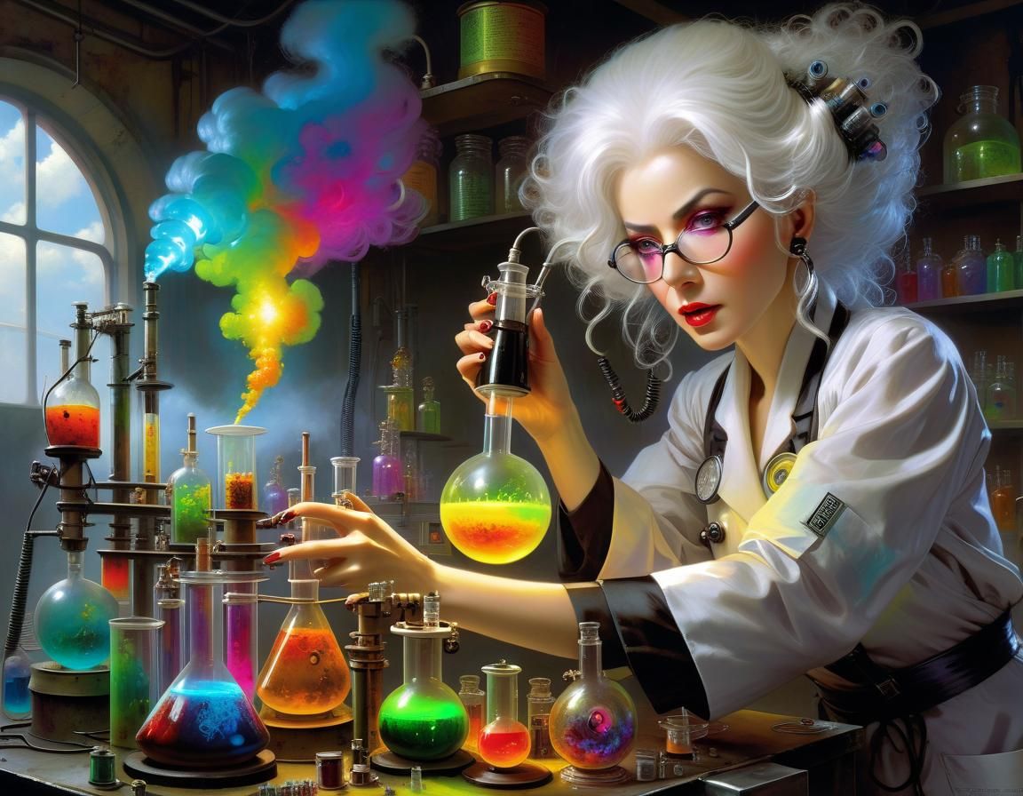 old woman scientist with white frizzy hair doing chemical ex...