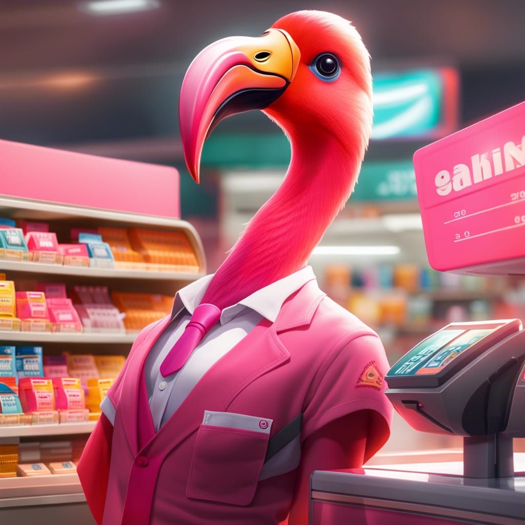 Anthropomorphic Flamingo as a supermarket cashier wearing an...