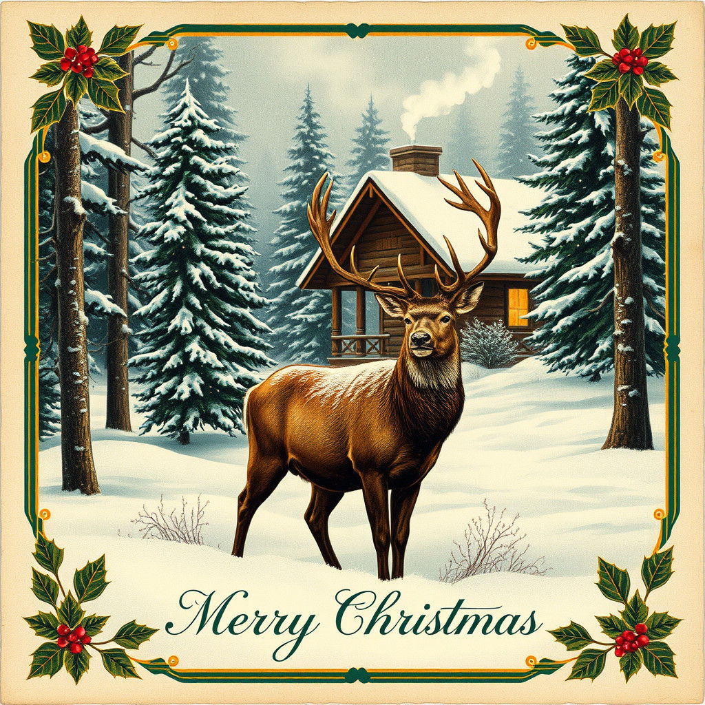 A nostalgic vintage holiday card depicting a serene forest scene blanketed in fresh snow. A majestic ...  by @Pjrockey