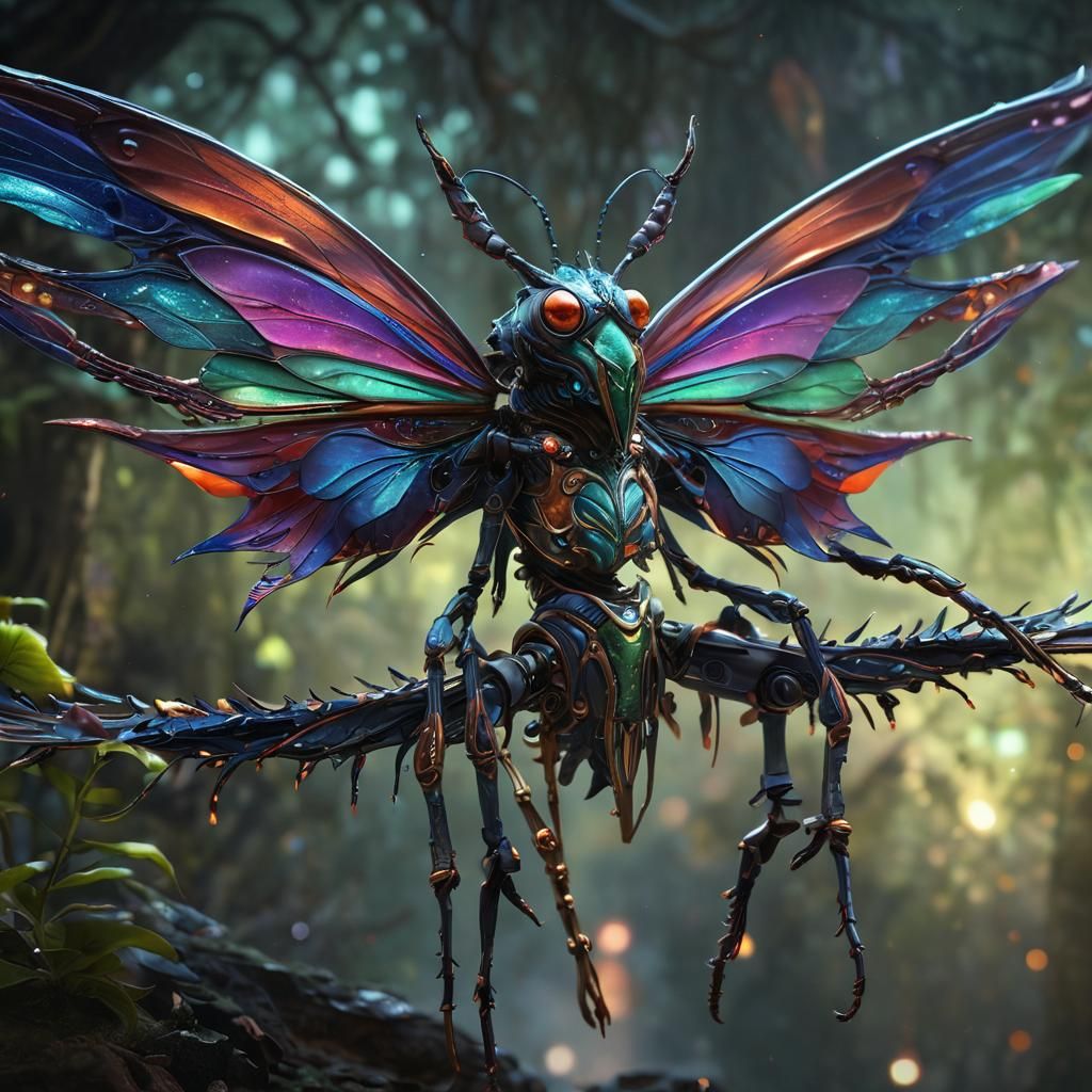 an opulently shimmering insectoid creature, captured in a st...
