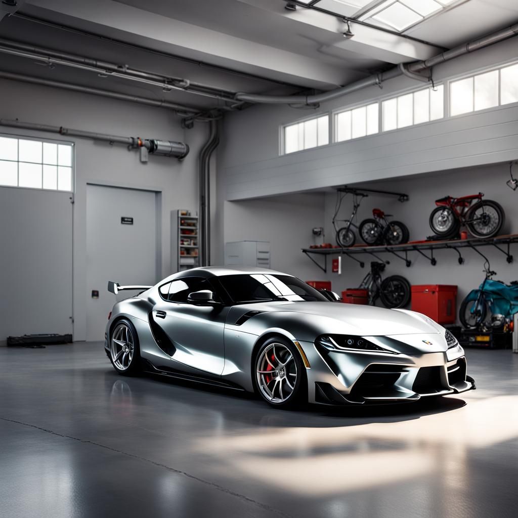 A mate grey supra 121inside a white modern garage only