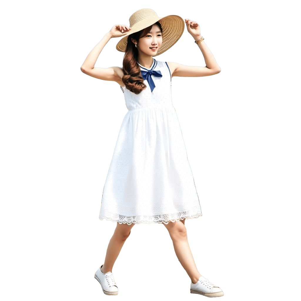 gadis korea cantik memakai topi di pantai