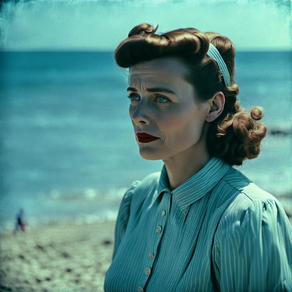 A woman on the beach in the 1940s.