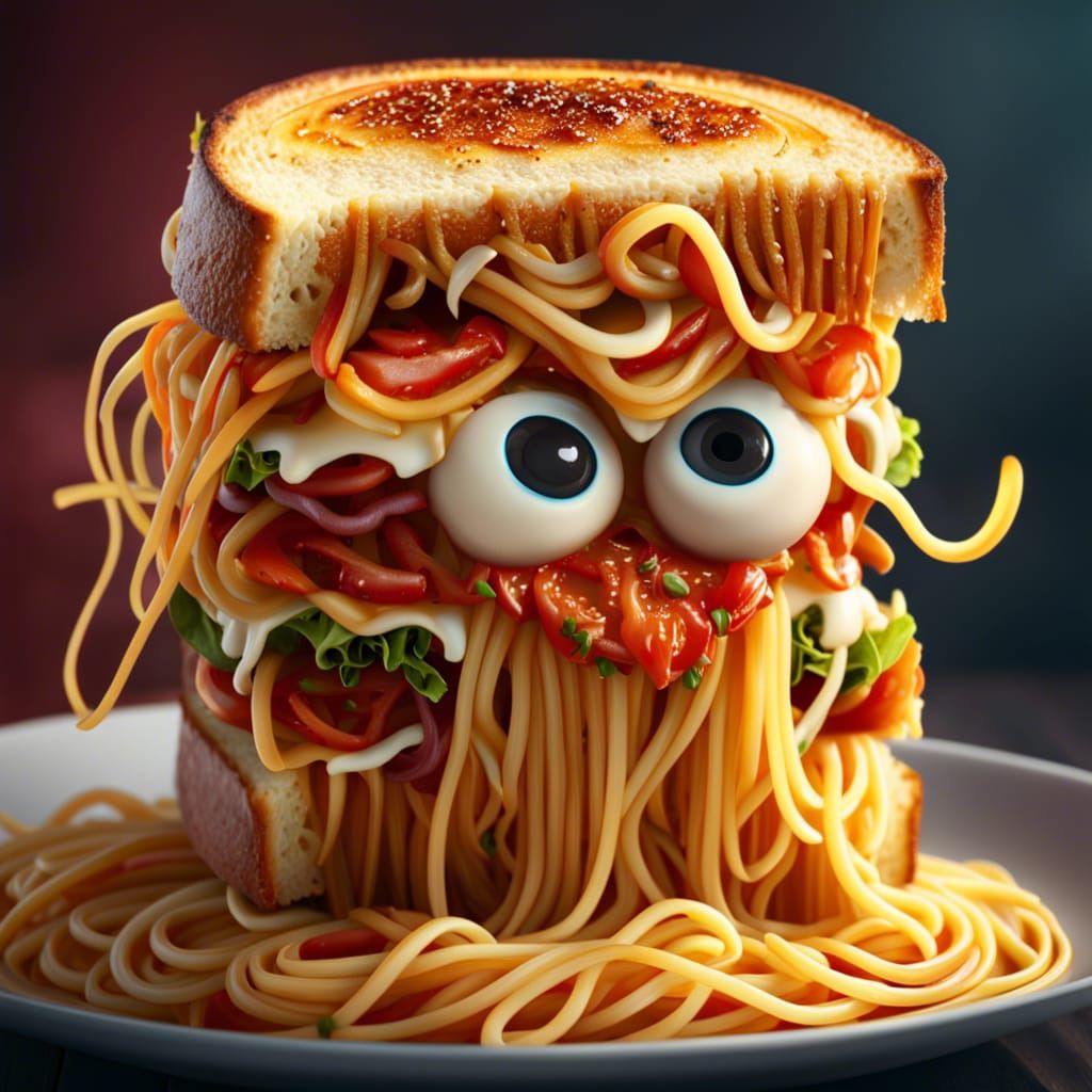 Hello I'm a delicious spaghetti grilled cheese sandwich - wanna eat me?  by @Ailis