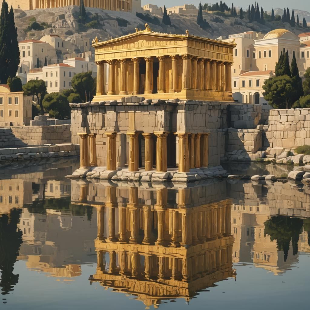 golden Greek temple on river, reflected in river