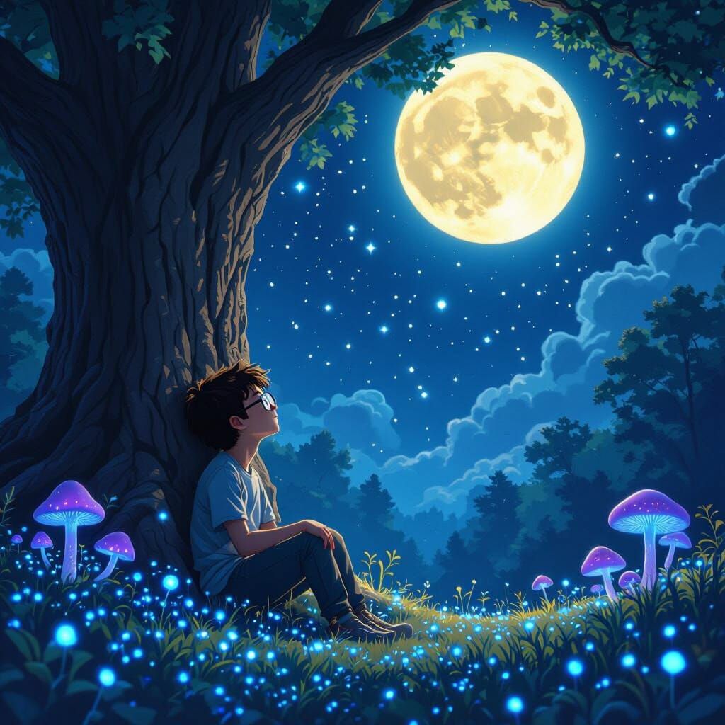 A magical glowing forest at night, large ancient trees with wide branches, ground covered with tiny blue glowing flowers, floating orbs of b...