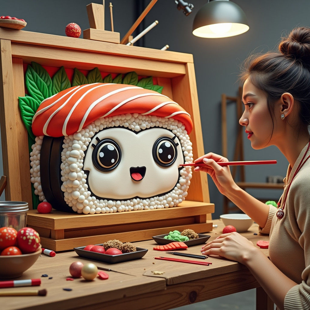 Close-up: Depict a scene in which an artist working on her m...