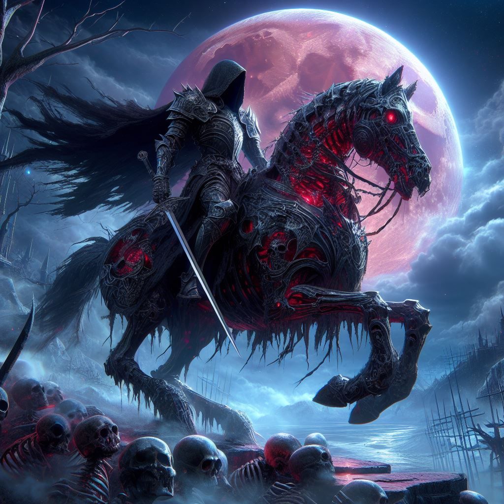 Black knight riding on an evil Skeleton horse by DALL-E 3