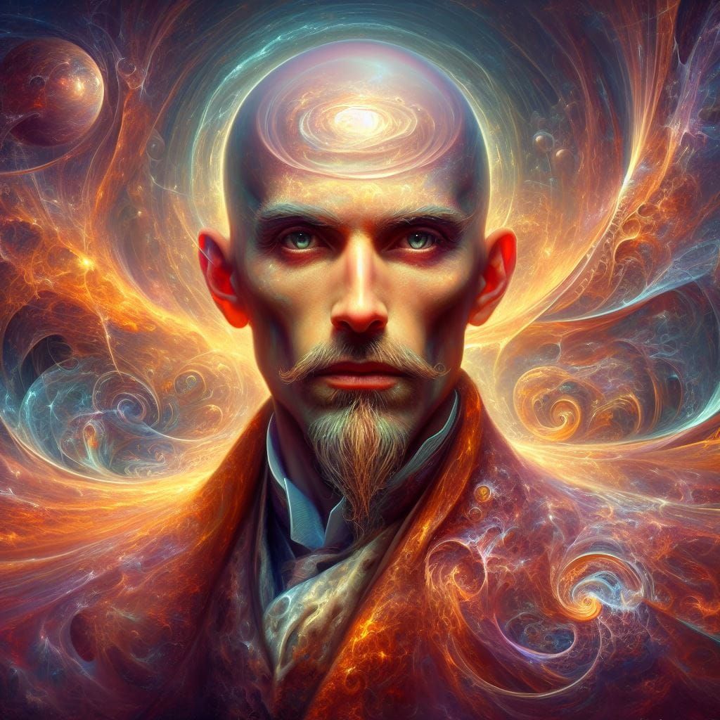 Stunningly handsome Thin bald wizard with short brown goatee sees through Time and into subtle dimensions...