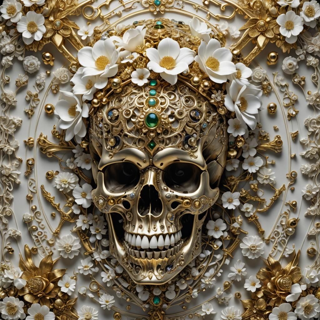 A hyperrealistic photograph of a skull adorned with intricat...
