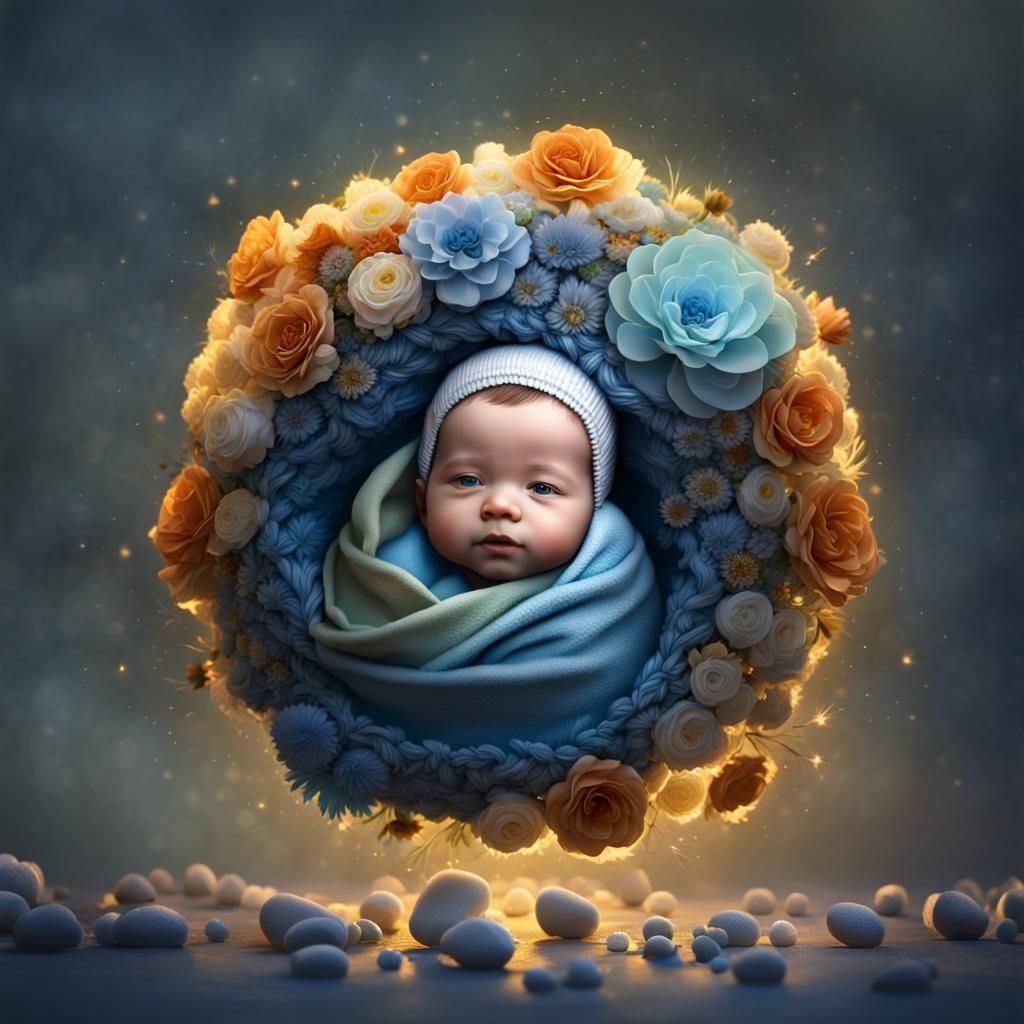 (Baby with open eyes in flower of love:1.5), intricately det...