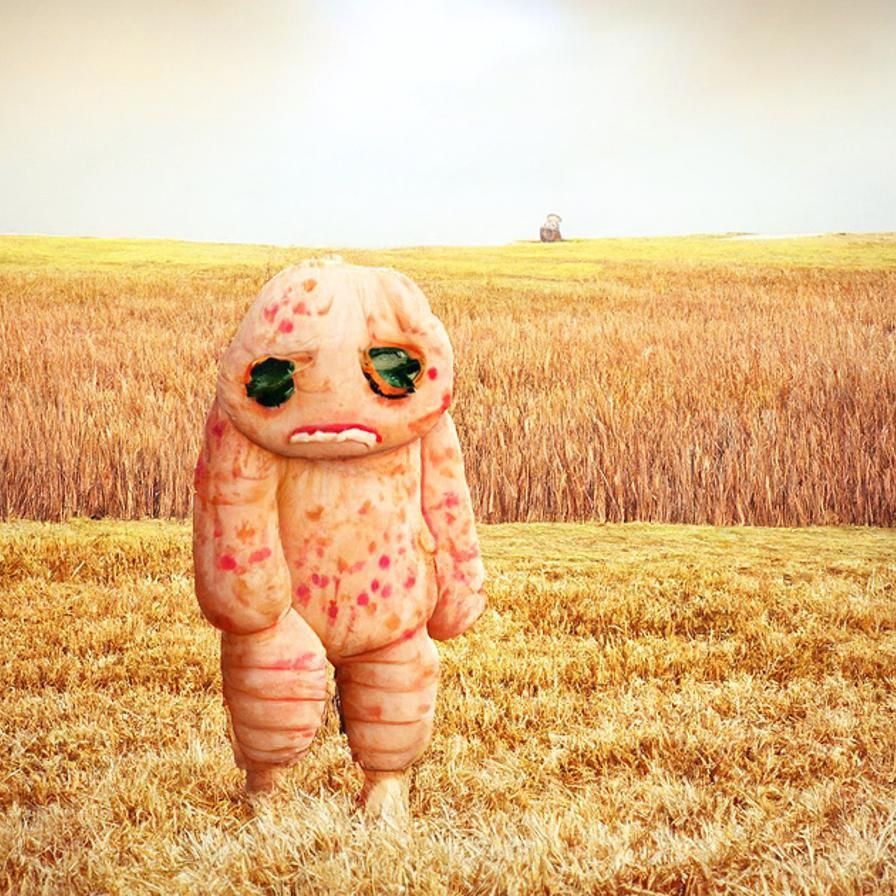Sad skin monster standing in a field