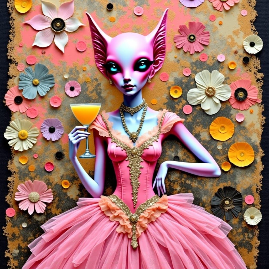 <lora:SurrealMixed:1.0>whimsical encaustic mixed media collage pink alien in a pink dress wearing pearl necklace holding orange juice