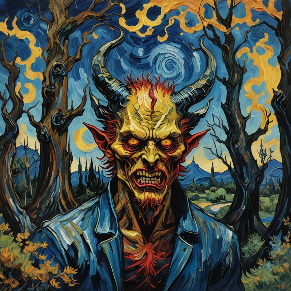 A devil with twisted horns and piercing red eyes, emerging f...