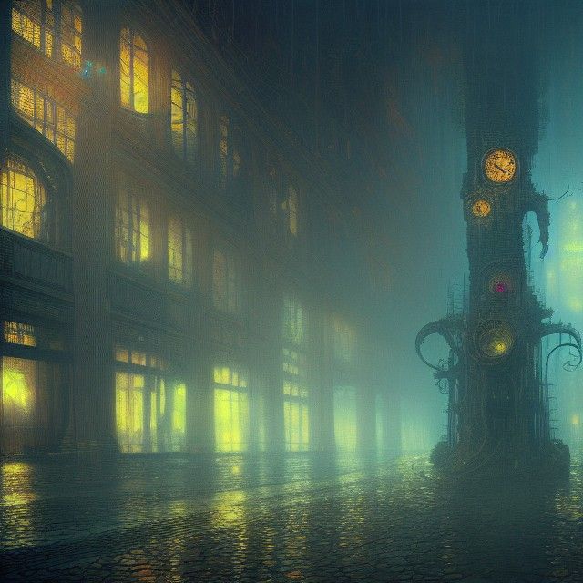 A rainy evening in a steampunk town