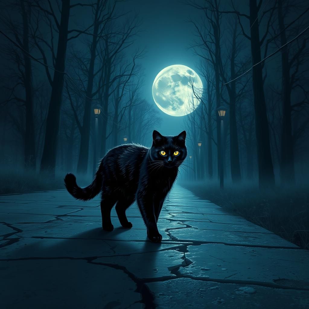 A black cat walking on a cracked sidewalk at night with a full moon with a dark background  by @Whodatboi
