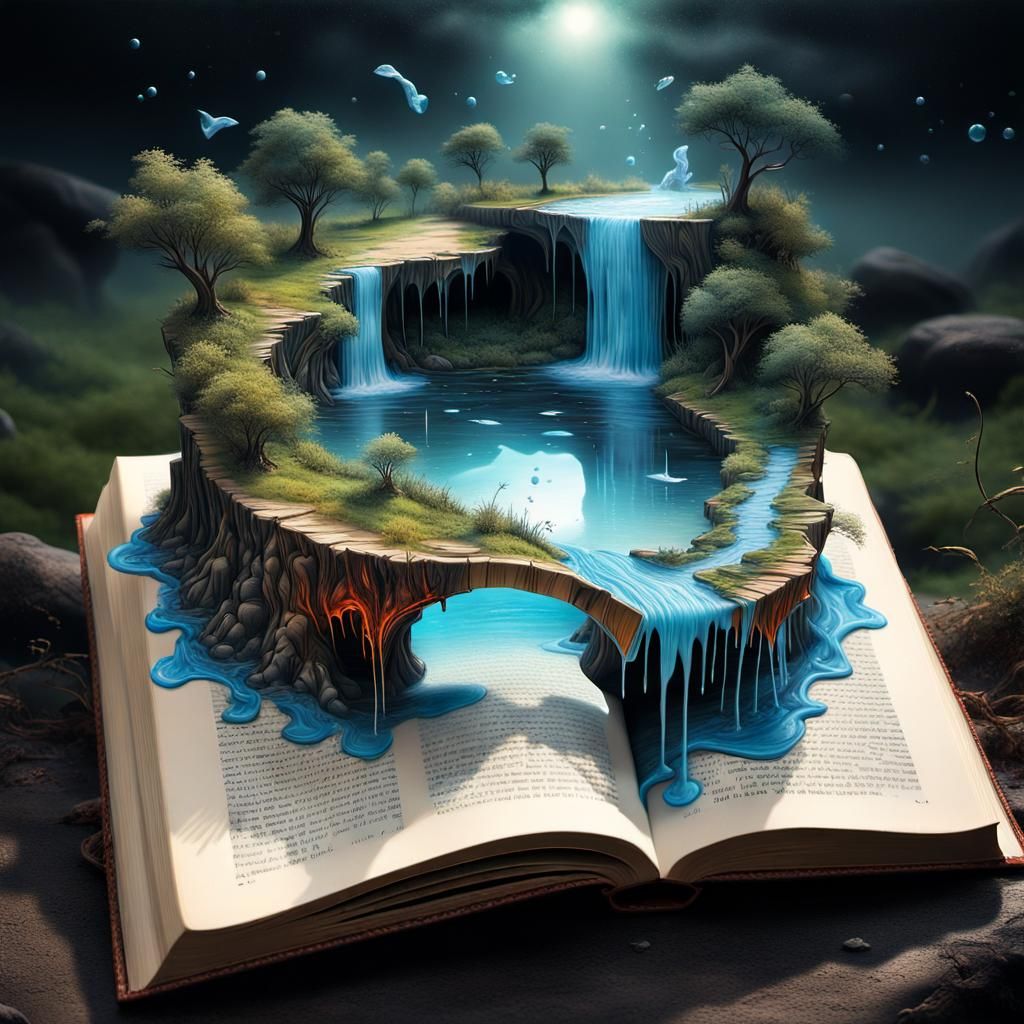 landscape emerging from the pages of a book