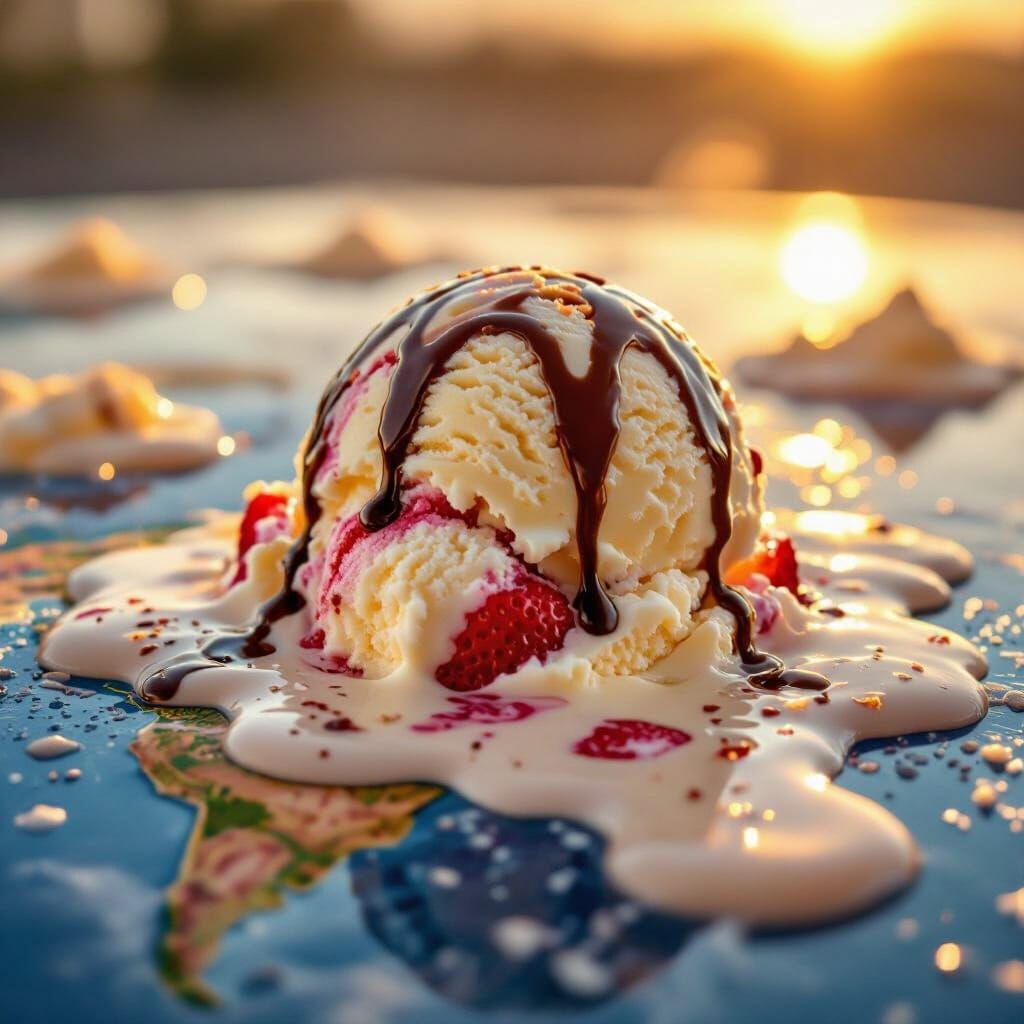 Delicious Ice Cream Melts Over Globe in Cinematic Photo