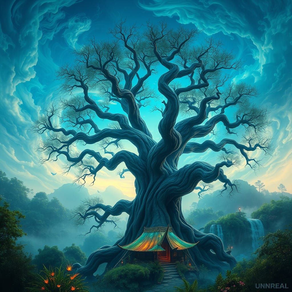 Surreal Landscape with Ancient Tree and Vibrant Skies in a H...