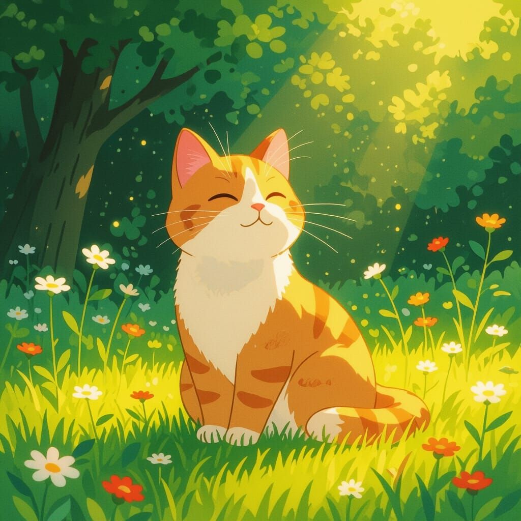 Cat Basking in Sunlight on Meadow, Whimsical Art
