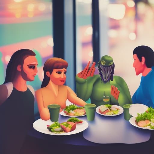 SpaceAliens Eating at a Fancy Crowded Restaurant , Painted i...