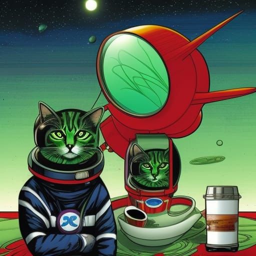 Green alien cat 
astronauts with Space X drinking cups of co...