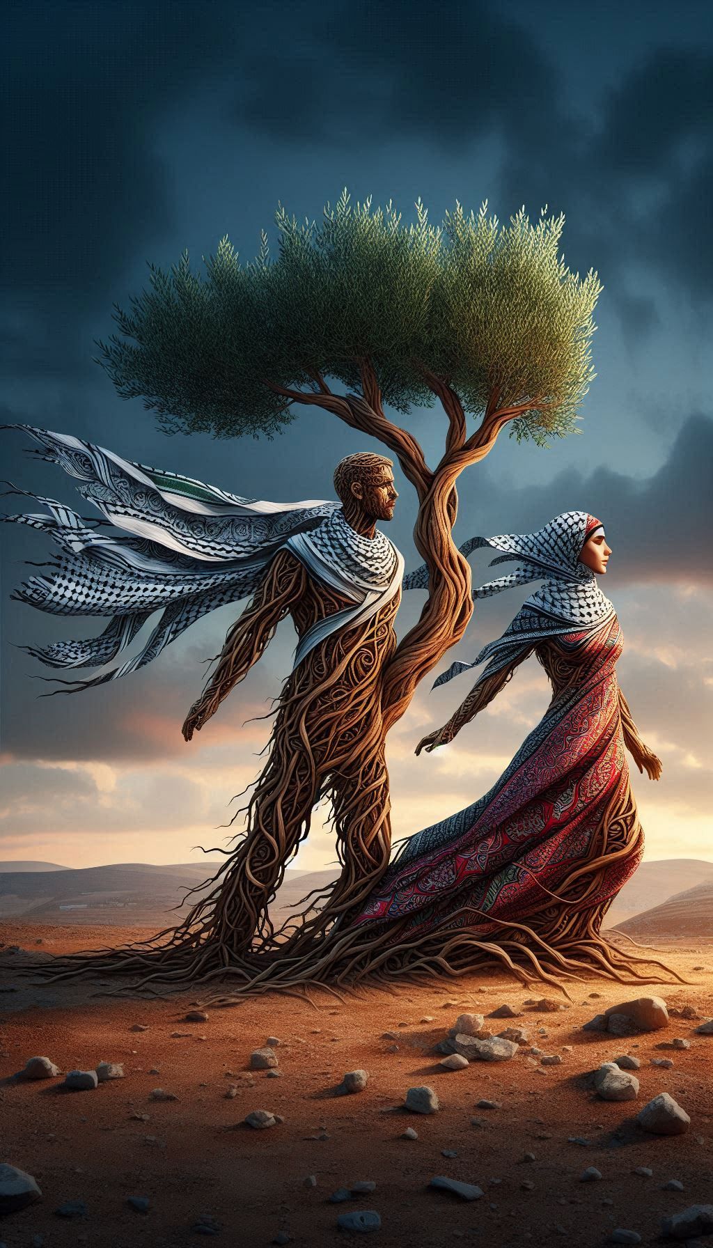 Olive tree and keffiyeh (DALL-E 3)