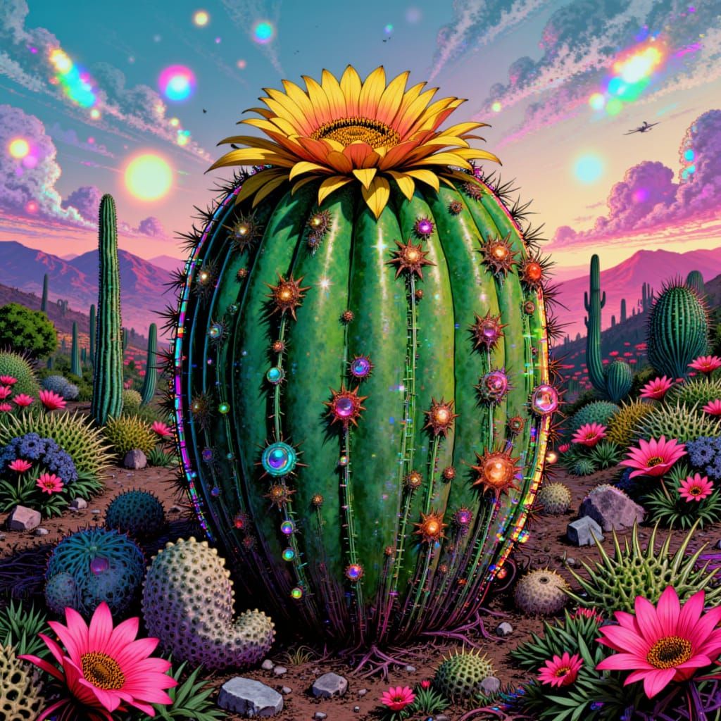 <lora:Xcore:1.0> an extreme Peyote cactus in full bloom, in the style of Xcore