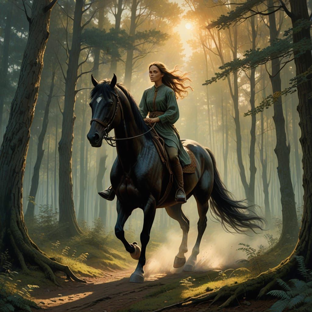 Majestic Horse and Rider in Enchanted Forest