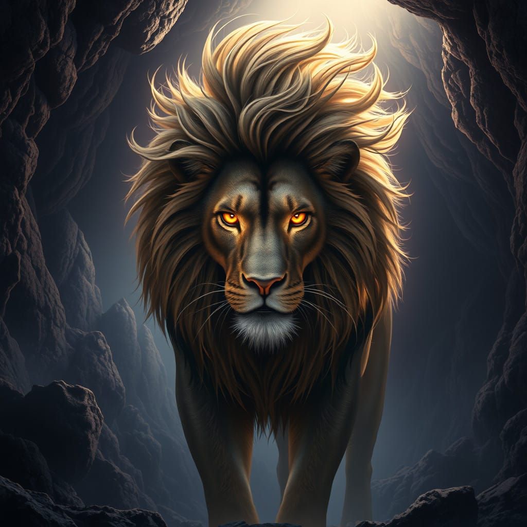 Regal Lion in Mystical Glow, in Dark Fantasy Style
