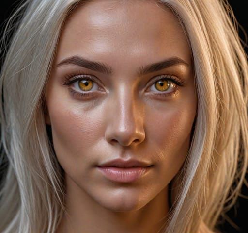 A very beautiful woman with white hair and yellow eyes