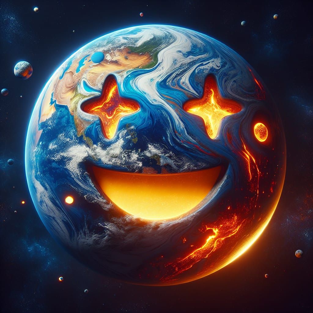 Earth as Smiling Star-Eyed Emoji in Matte Painting Style