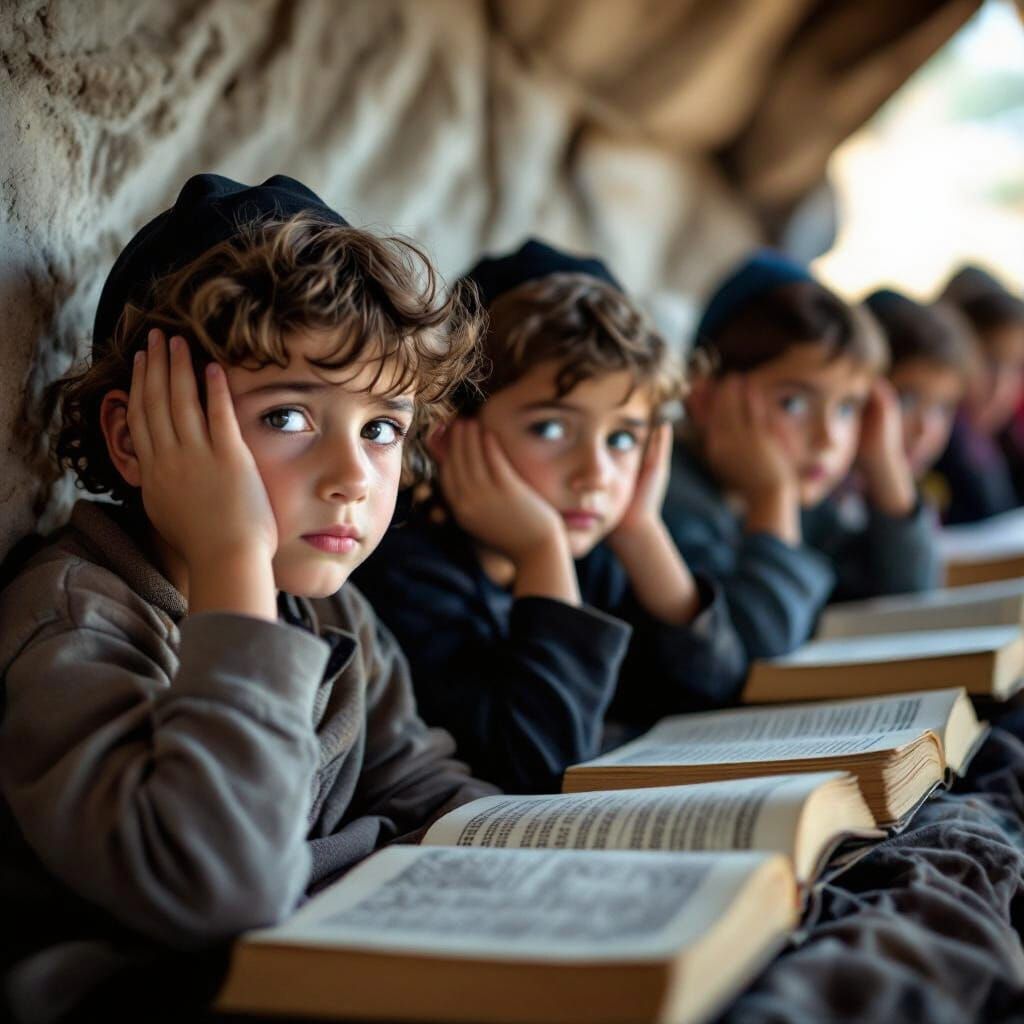 Worried Jewish Children Study Torah in Shelter Portrait