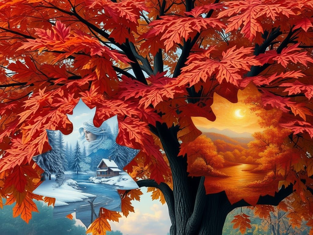 A large, beautiful autumn tree, with different landscapes painted on the leaves: autumn and winter. There are two oak leaves in the foregrou... - Start Image 2