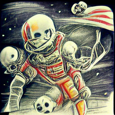 Scary skeleton astronaut in space pencil sketch