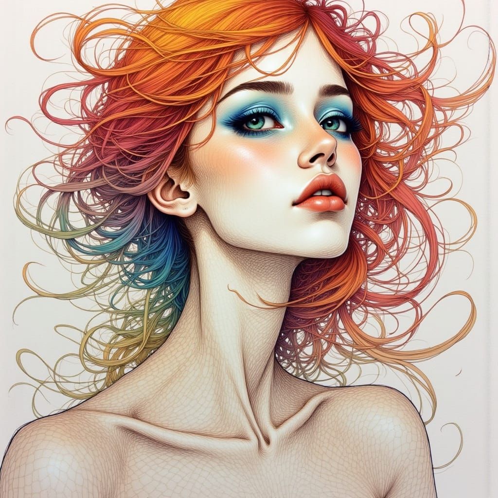 Emotional Female Figure in Detailed Line Art Style