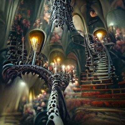 Huge gothic staircase with tentacles and spikes with torches along each railing, a chandelier made out of skulls hangs in the foreground 8K 3D hyperrealism digital illustration detailed painting matte background maximalist oil on canvas steampunk H.R. Giger VRay trending on Artstation Thomas Kinkade Unreal Engine volumetric lighting