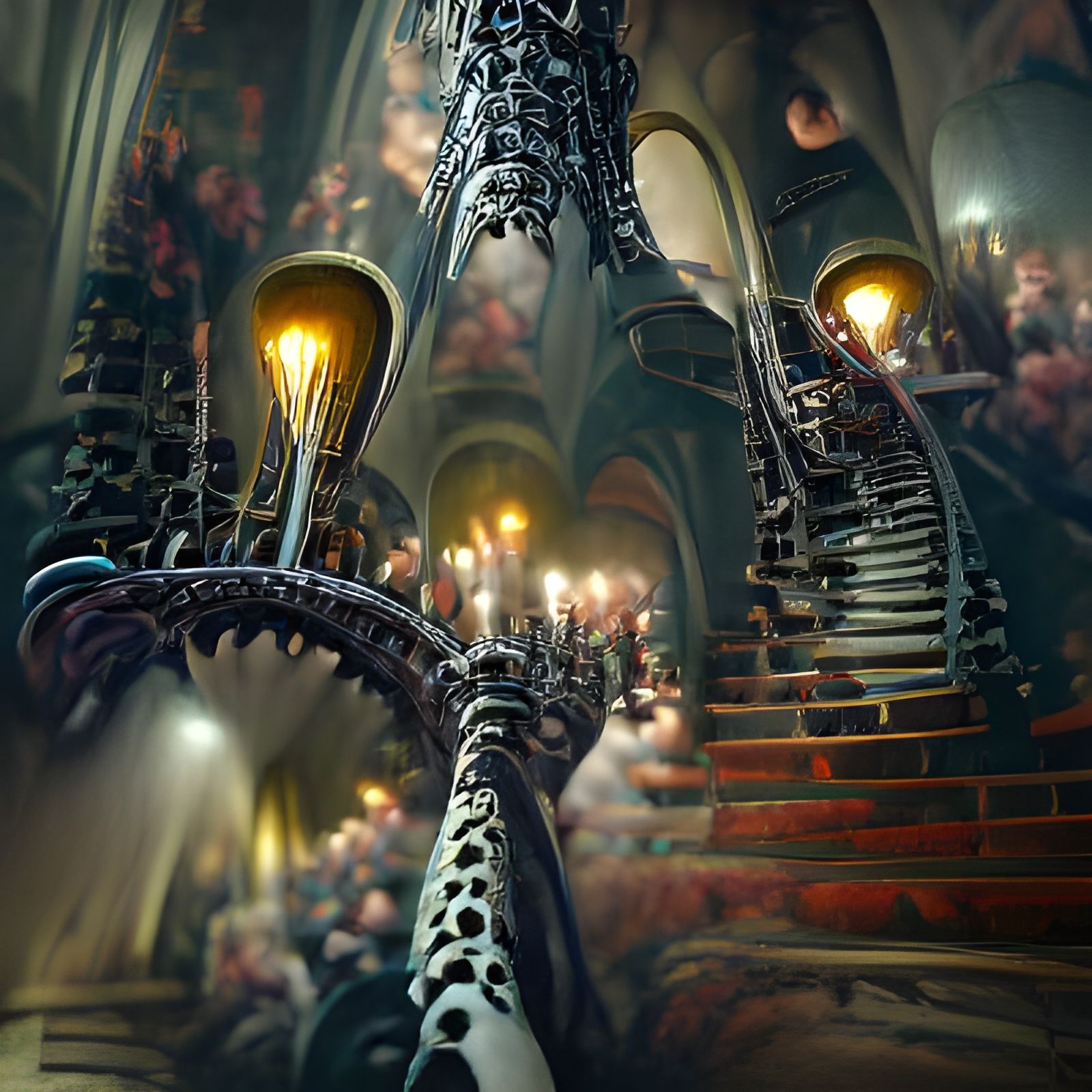 Huge gothic staircase with tentacles and spikes with torches along each railing, a chandelier made out of skulls hangs i...
