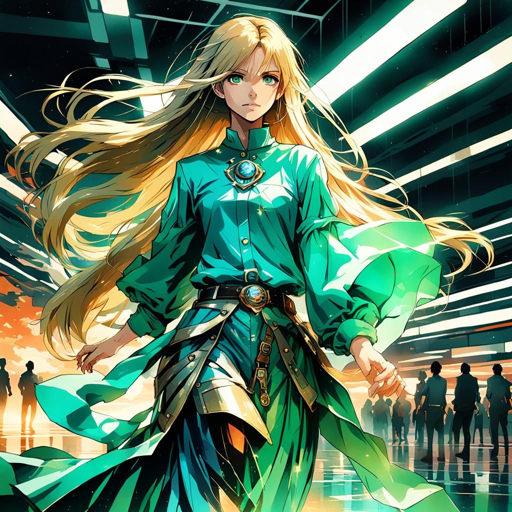 a beautiful woman with long blonde hair wearing an aquamarin...