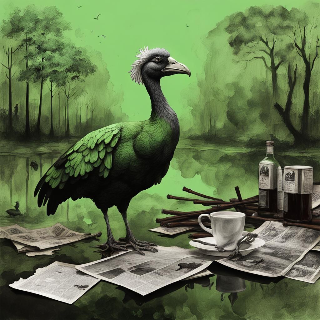 create an image of dodo birds. coffee shop. pollution. green...