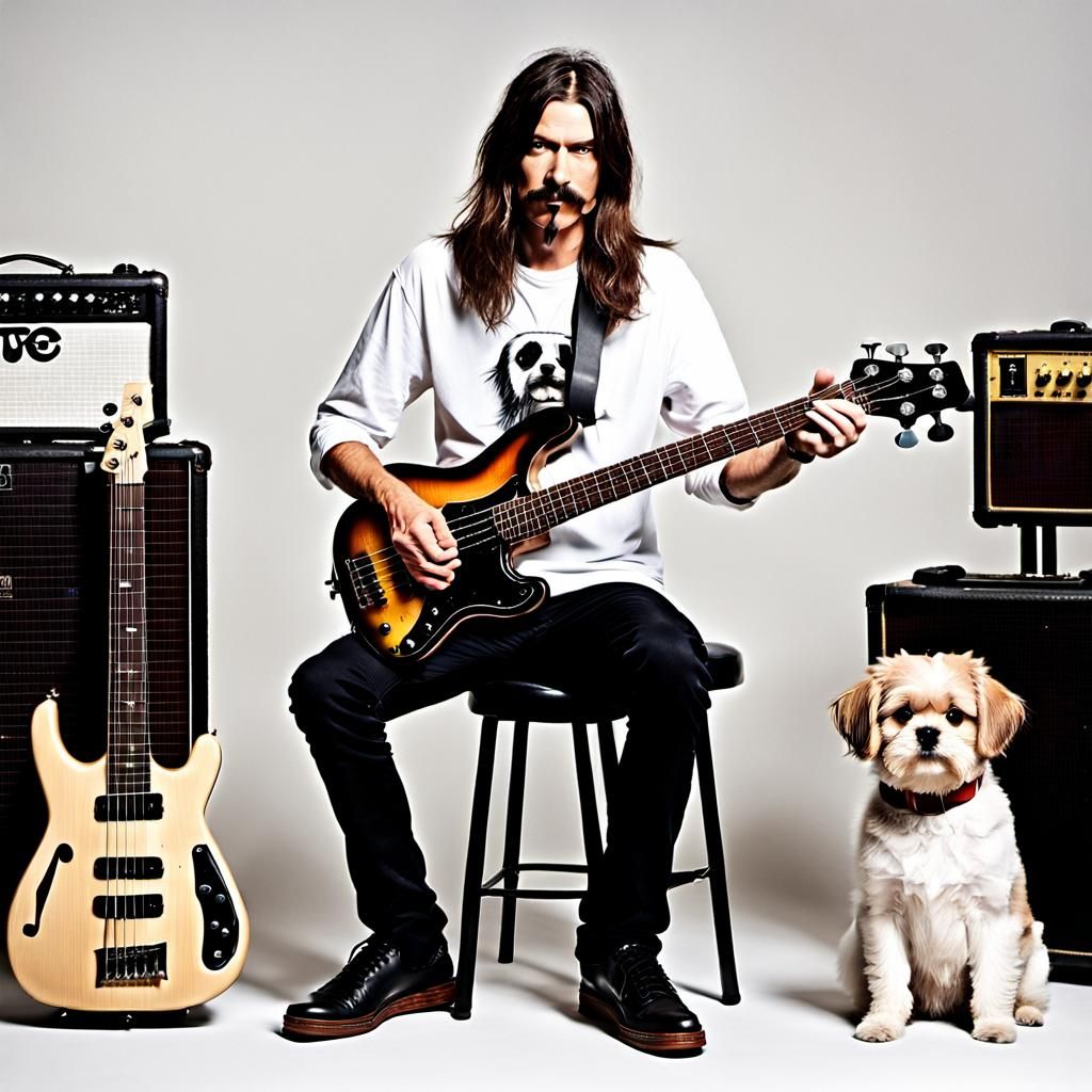 A thin and tall male with long brown hair and a mustache with a goatee playing the bass guitar hooked up to 10 amplifiers. with music symbol...
