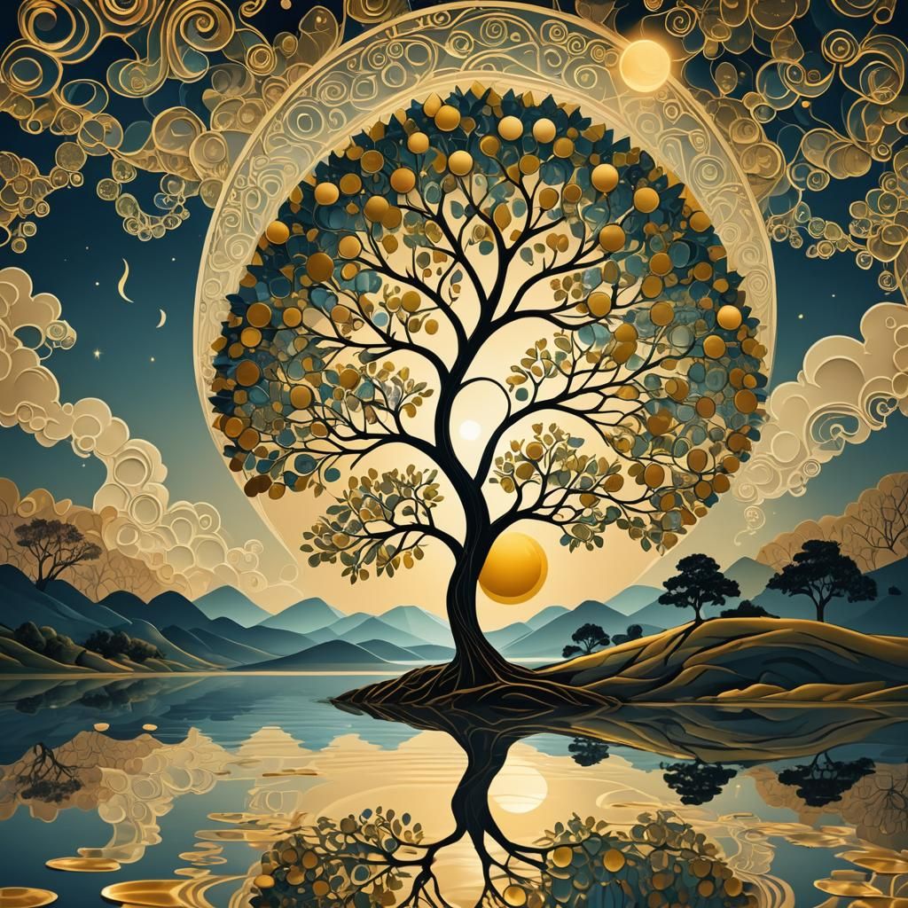 A money tree on a hill with a golden moon behind it and a reflection in a beautiful lake abstract vector ...  by @Georgia2000