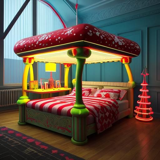 red & white toadstool four poster bed